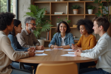 Groupe diversifié en discussion dans un centre communautaire