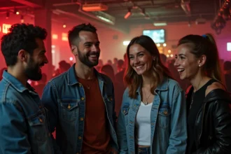 Groupe de jeunes souriants dans un club techno parisien