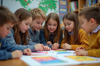 Groupe d'élèves de collège travaillant sur un projet éducatif