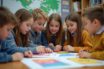 Groupe d'élèves de collège travaillant sur un projet éducatif