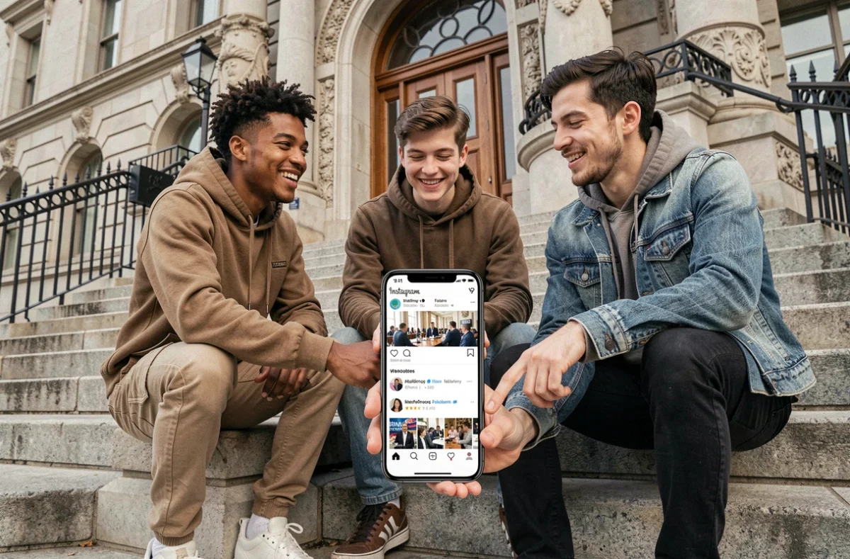 Groupe de jeunes adultes consultant un compte Instagram politique sur les marches d'un bâtiment institutionnel