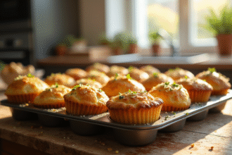 Plateau de muffins salés dorés sortant du four dans une cuisine lumineuse