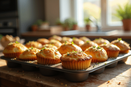Plateau de muffins salés dorés sortant du four dans une cuisine lumineuse