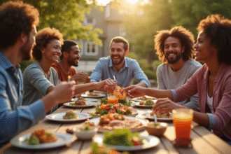 Groupe divers partageant un repas en plein air avec sourire