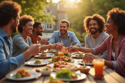 Groupe divers partageant un repas en plein air avec sourire