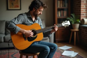 Guitariste jouant Mistral Gagnant en arpèges dans un salon chaleureux et intimiste