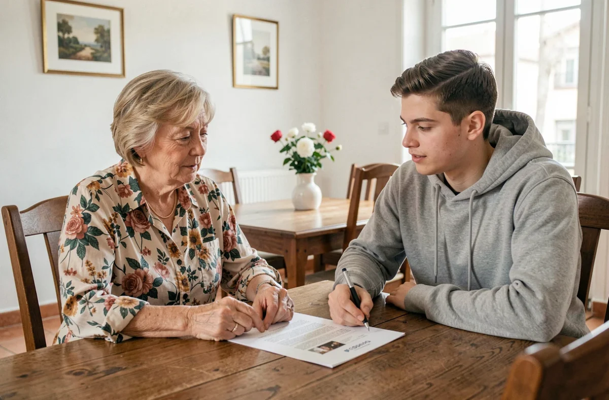 Une femme et un jeune étudiant discutant ensemble d'une lettre attestation d'hébergement à la table du salon