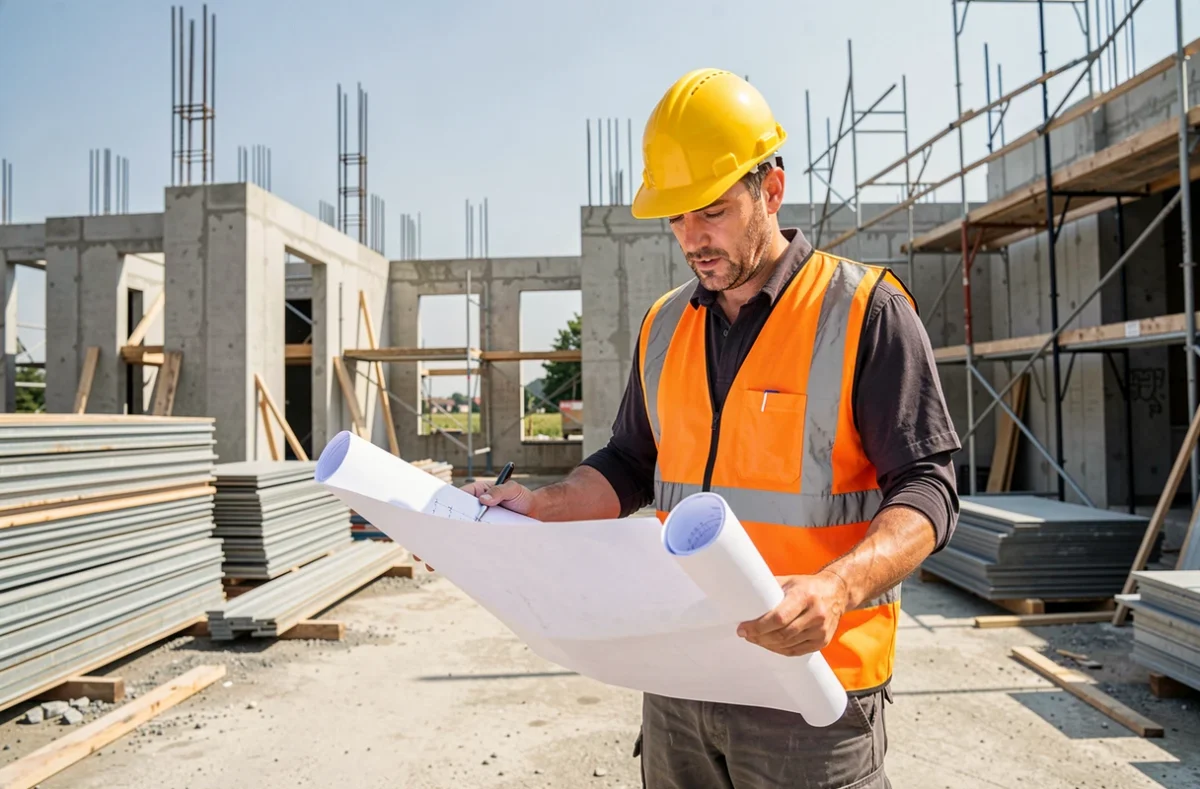 Ouvrier plombier HMA sur un chantier de construction à Limoges avec plans en main