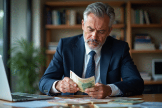 Homme d'affaires examine des billets et pièces de monnaie