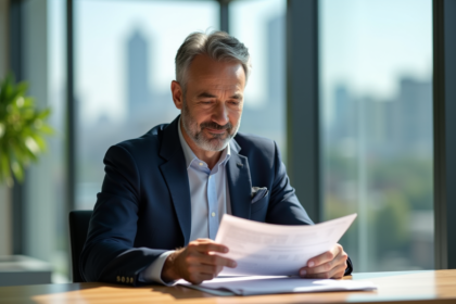 Homme d'affaires en costume bleu lisant des documents