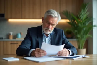 Homme d'affaires en costume lisant des papiers dans la cuisine