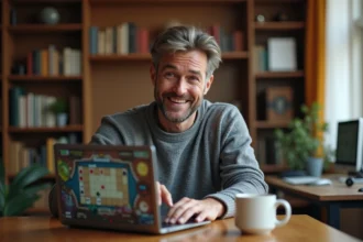 Homme jouant à la belote coinchée en ligne sur un ordinateur portable sans publicités intrusives dans un bureau à domicile cosy