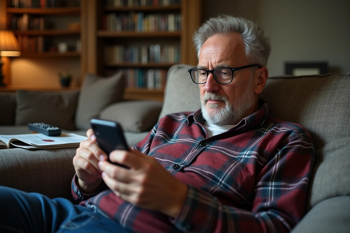 Homme d'âge mûr jouant à la belote coinchée en ligne sans pub sur smartphone dans un salon confortable