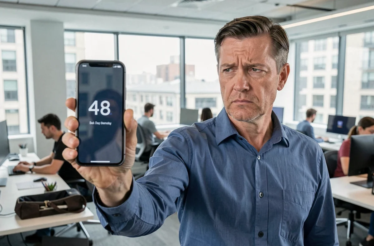Homme en bureau regardant un numéro de téléphone inconnu sur son smartphone avec méfiance