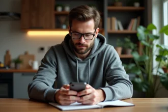 Homme concentré utilisant une application de jeu à la maison