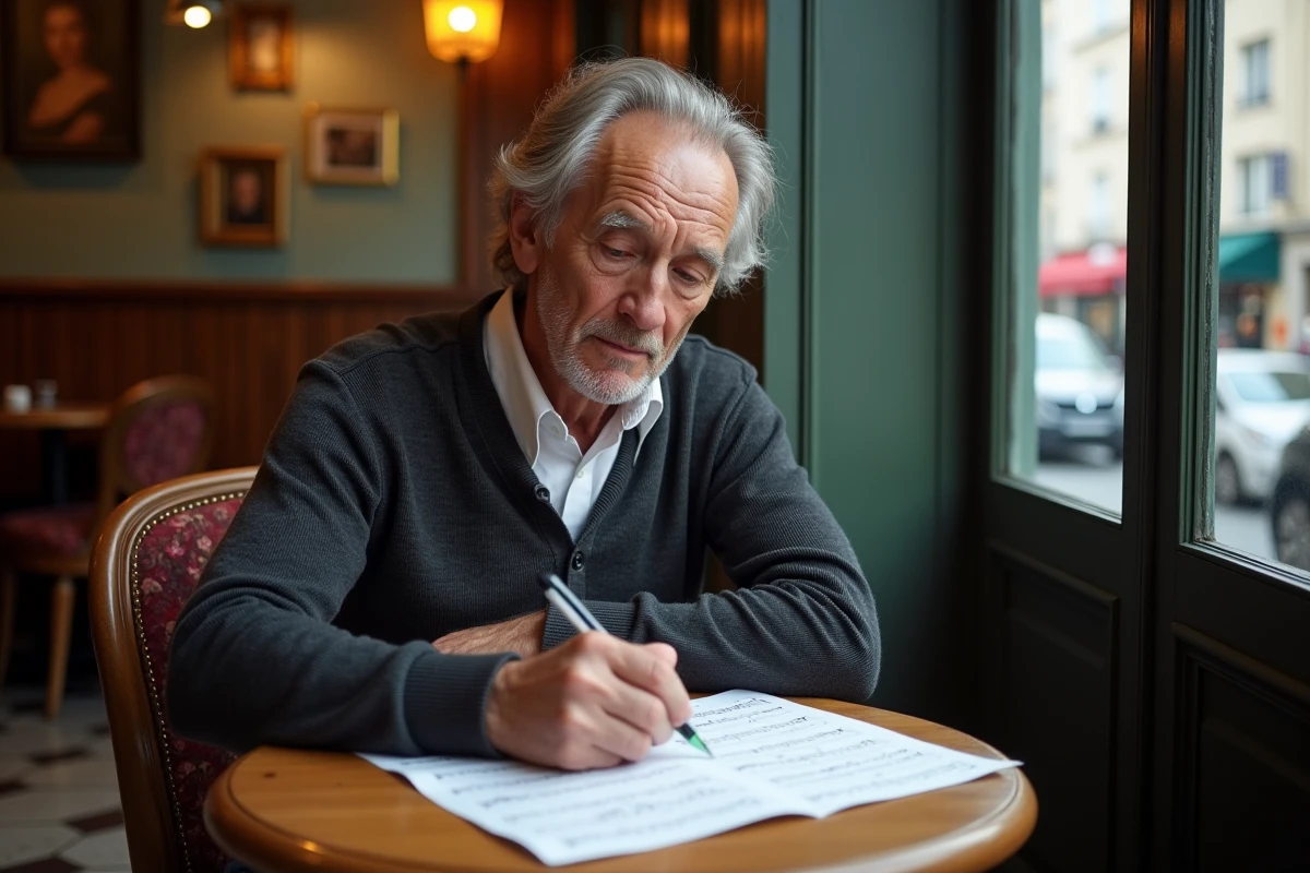 Homme lisant et notant partition dans un café parisien