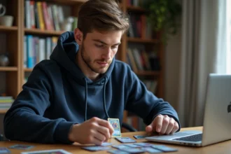 Jeune homme analysant des codes de cartes Pokémon Trading Card Game Online sur son bureau à domicile