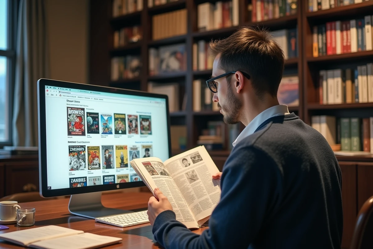 Homme comparant collections de manga dans son bureau