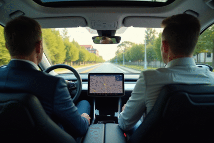 Homme d'âge moyen dans une voiture autonome moderne