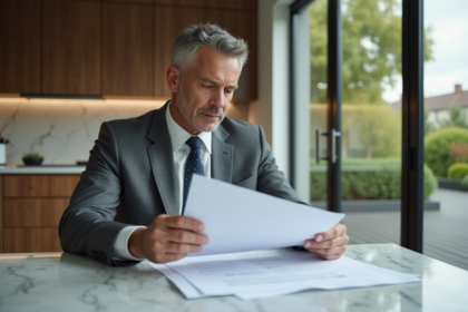 Homme en costume gris examinant des documents de prêt immobilier
