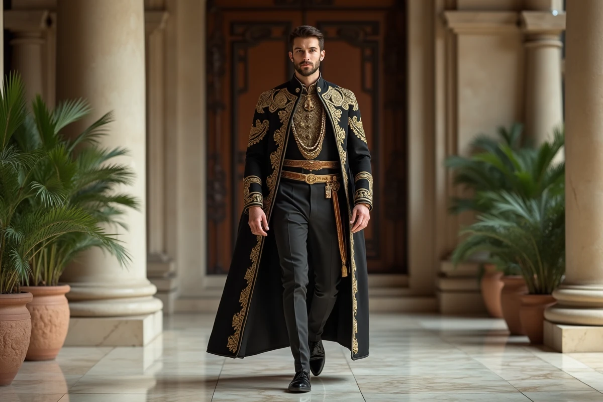 Homme déterminé en tenue cérémonielle dans un hall élégant