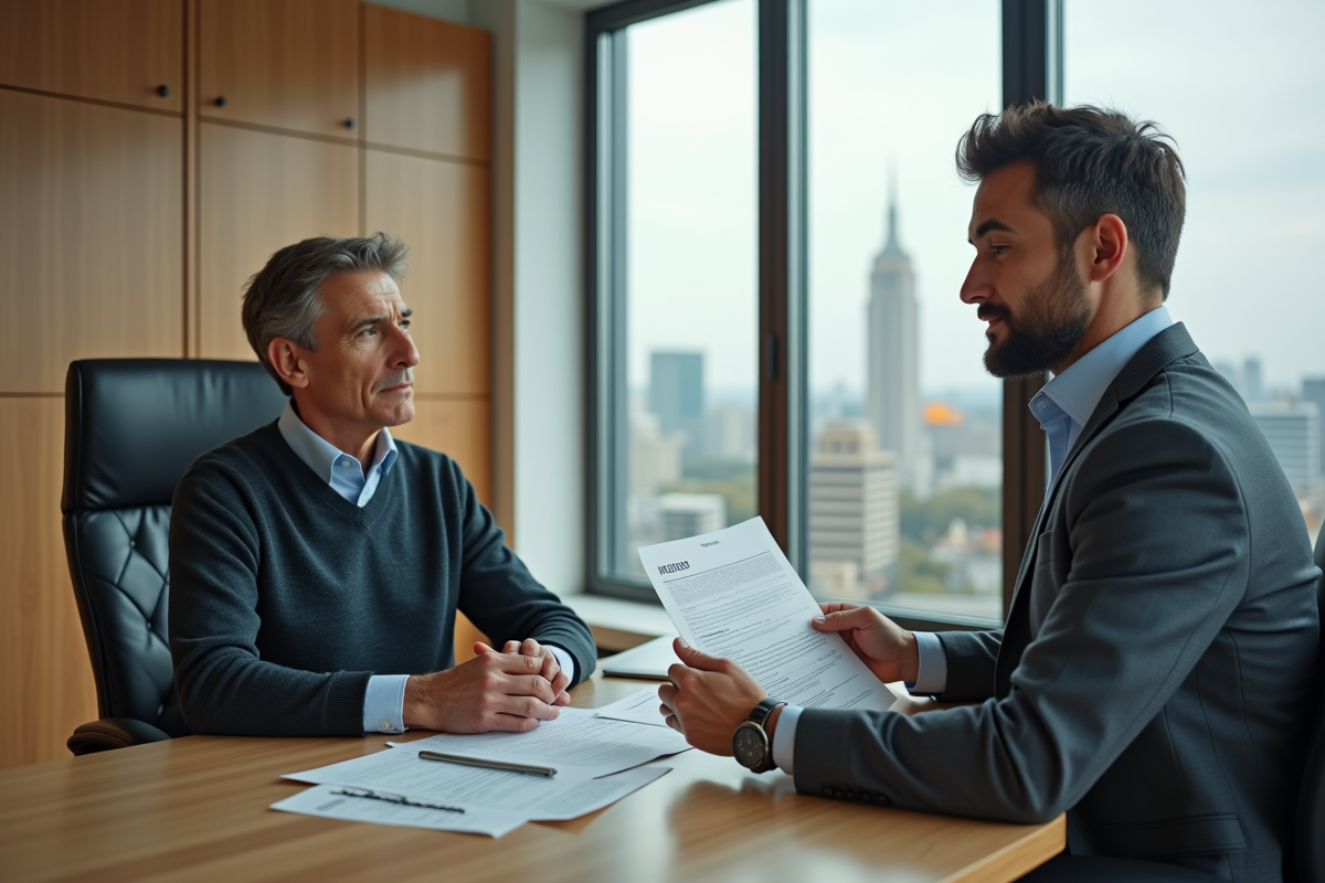 Homme et comptable discutent formulaire d impots immobiliers