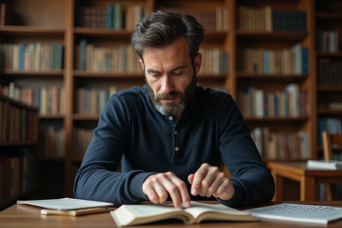 Homme consultant un guide de référence pour résoudre des mots fléchés dans une bibliothèque