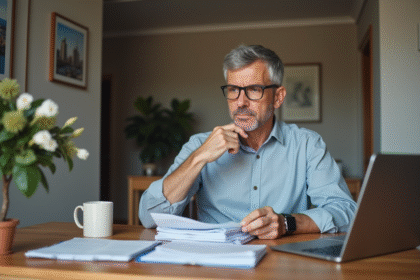 Homme d'âge moyen examinant des documents fiscaux immobiliers