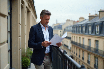 Homme d'âge moyen sur un balcon parisien examinant des documents immobiliers