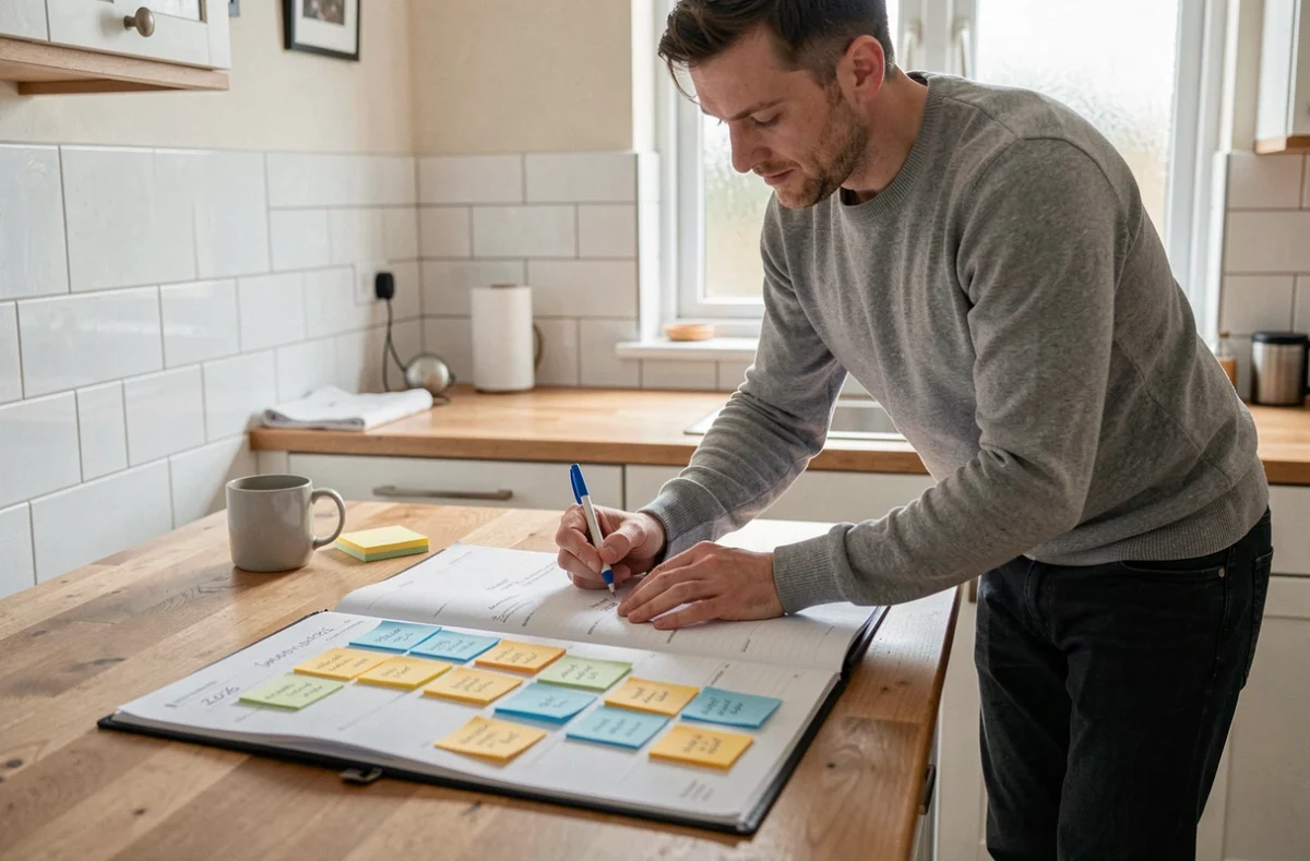 Homme planifiant son agenda 2026 avec un calendrier semaines paires et impaires à la maison