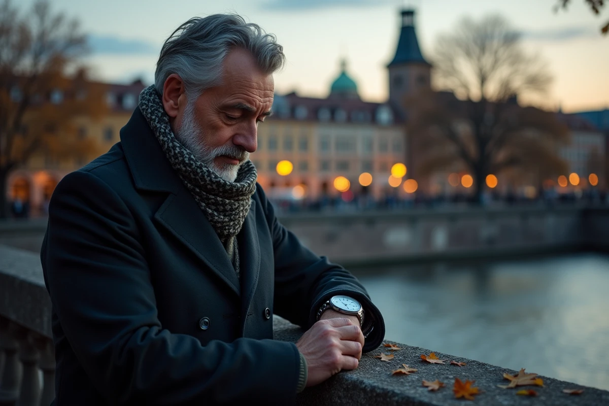 Homme contemplant sa montre sur un pont au coucher du soleil