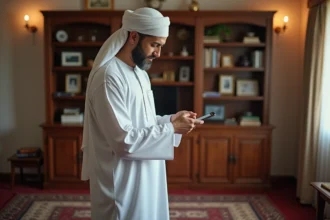 Homme en thobe priant sur un tapis dans un salon