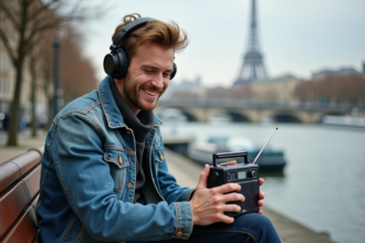Homme souriant avec radio à la Seine à Paris