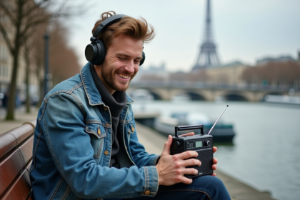 Homme souriant avec radio à la Seine à Paris