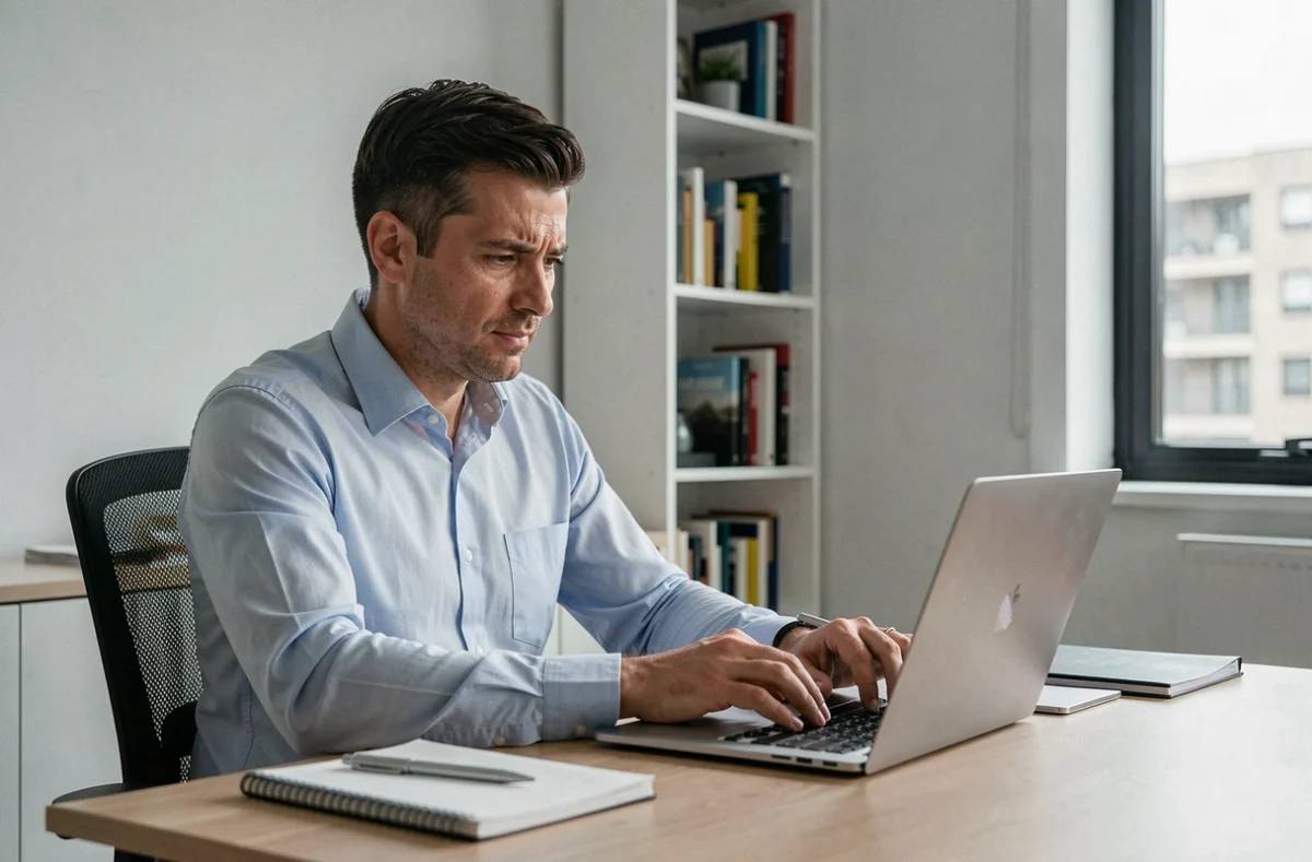 Homme professionnel rédigeant un email de refus d'invitation sur un ordinateur portable dans un bureau à domicile