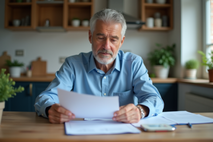 Homme d'âge moyen examine des documents d'impôts dans la cuisine