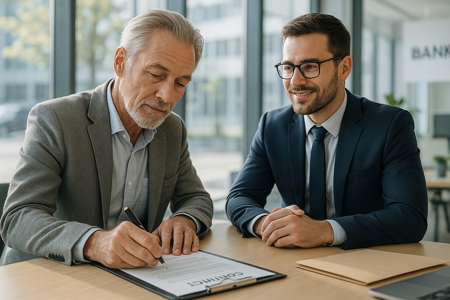 Homme signant un contrat bancaire avec un conseiller