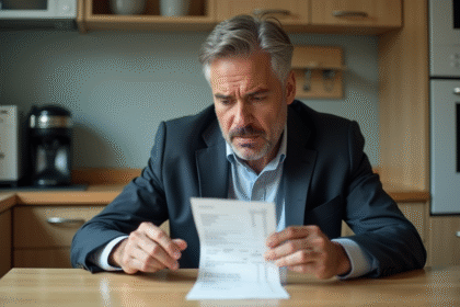 Homme d'âge moyen en costume examinant un reçu de courses