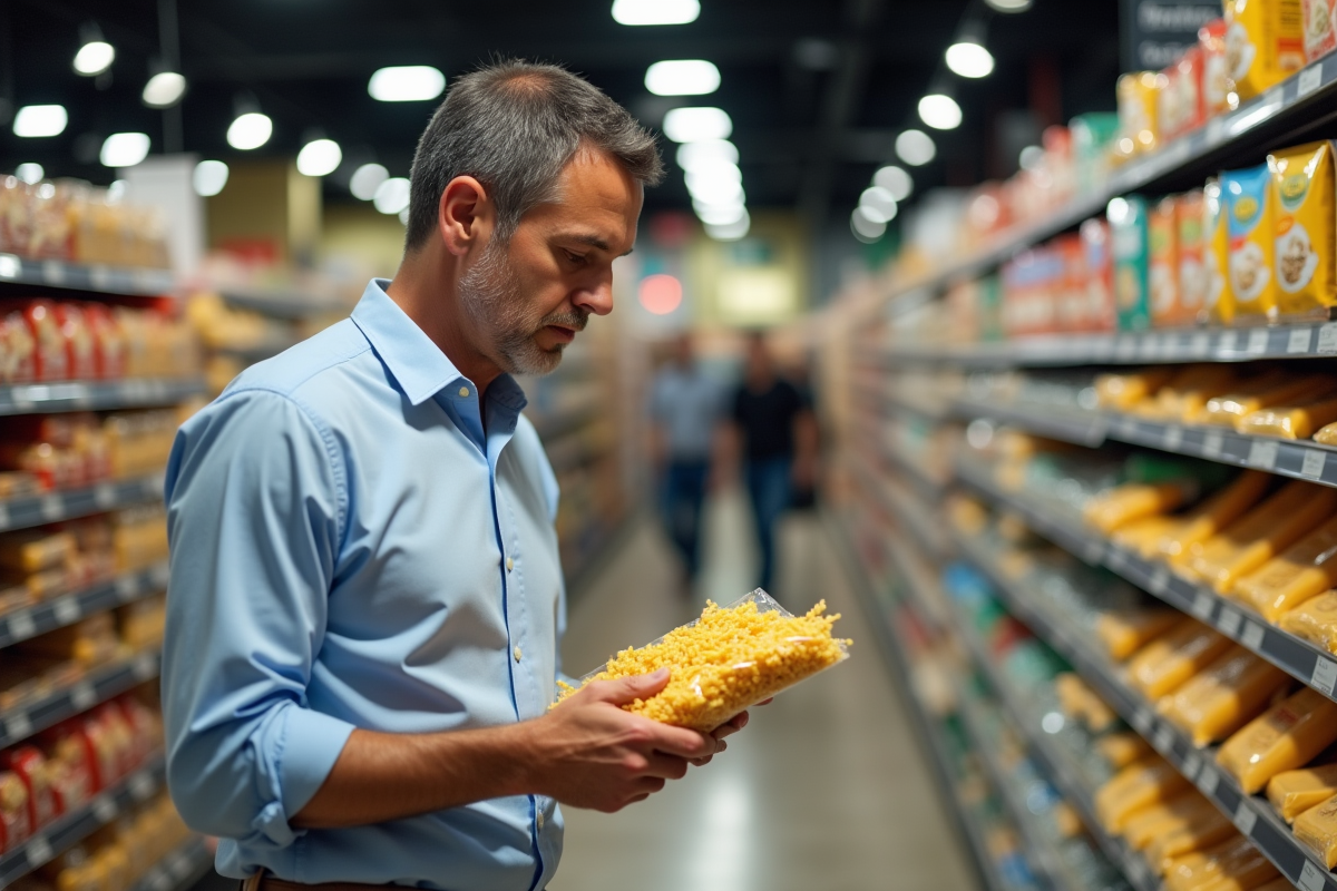 Homme en supermarché inspectant un paquet de pâtes complètes