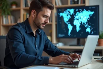Homme concentré travaillant sur son ordinateur dans un bureau moderne