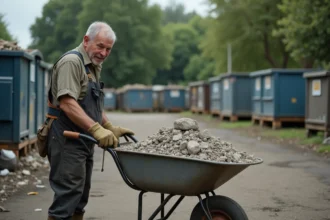 Homme en tenue de travail déchargeant du gravier de béton