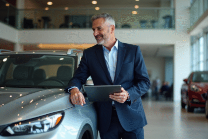 Homme souriant en costume navy examine une voiture en concession