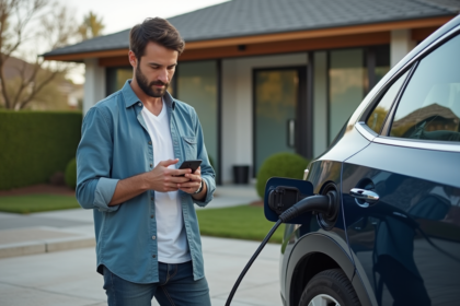 Homme en casual vérifiant son smartphone près d'une voiture électrique en charge