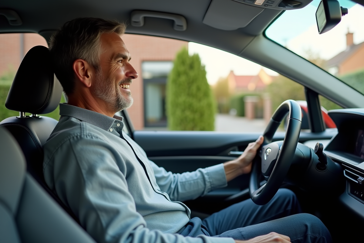 Homme dans sa voiture hybride en charge à domicile