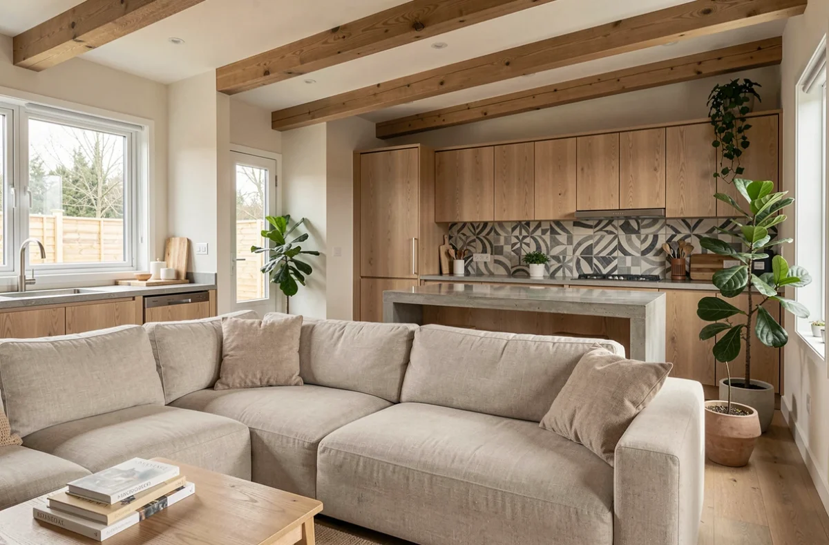 Intérieur design d'un mobil-home français haut de gamme avec cuisine ouverte en chêne et salon minimaliste
