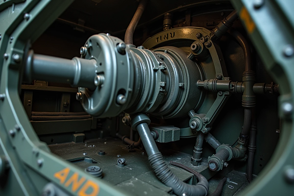 Intérieur de la tourelle du char Leclerc avec mécanisme de culasse et chargeur automatique du canon de 120 mm