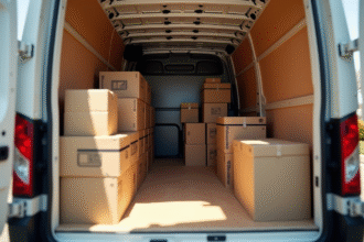 Intérieur d'un camion de déménagement bien organisé avec cartons et bacs