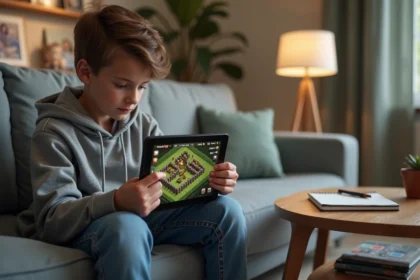 Adolescent en hoodie étudiant une base Clash of Clans