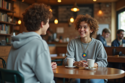 Jeune adulte nonbinaire souriant au cafe avec pin pride