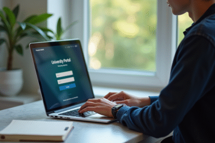 Jeune adulte utilisant un ordinateur portable moderne à un bureau lumineux